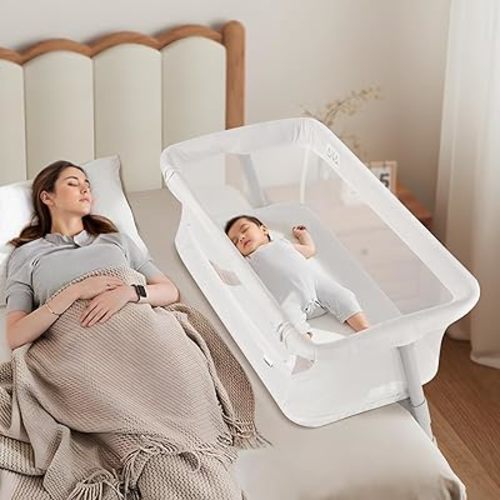 Cowiewie Bassinet Bedside Sleeper,Baby Bassinets Higher Place on Bed,5-Position Adjustment Baby Crib,Breathable 360°All-Around Mesh Sides Bedside Bassinet,Space-Saving Bedside Cribs,Height(37.4-41.3")