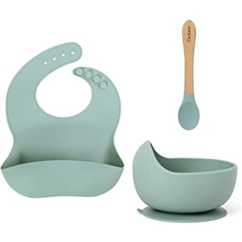 Ginbear Baby Bowls with Suction, Silicone Bibs, Self Feeding Spoons, Led Weaning Supplies, Toddler Eating Set for Ages 6 Months+ (Hazy Green)