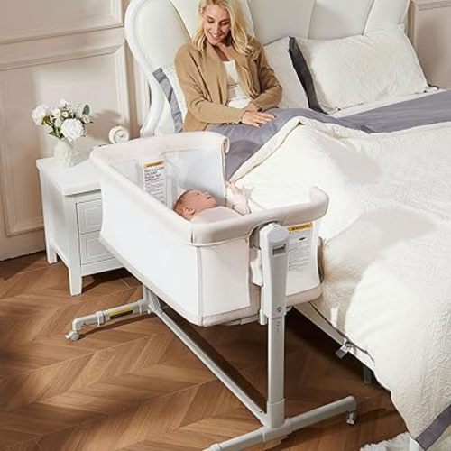 Baby Bassinet Bedside Sleeper, 3-in-1 Rocking Bassinet with Wheels, 6-Height Adjustable Crib with Breathable Mesh, Soft Mattress for Newborns & Infants
