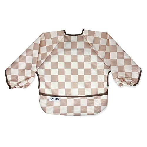 Tiny Twinkle Mess Proof Baby Bib|Waterproof Smock Bib for Eating,Machine Washable Full Sleeve with Pocket(Checkers Brown,Large 2-4 Years)