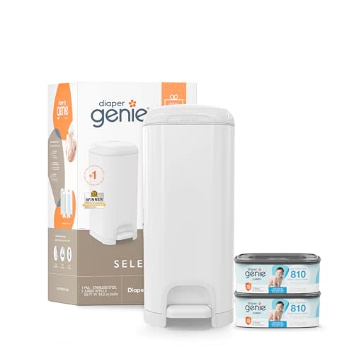 Diaper Genie Select Pail Registry Gift Set (White) | Made of Durable Stainless Steel Metal | Includes 2 Jumbo Refills | Holds 1620 Newborn Diapers
