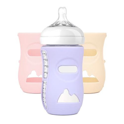 LOTBILL 3 Pack Silicone Sleeves for Avent Natural Glass Baby Bottles, Protection and Insulation, Baby Bottle Sleeve Compatible with Avent Glass Bottles 8 oz, Dishwasher Safe (Pink+Purple+ Beige)
