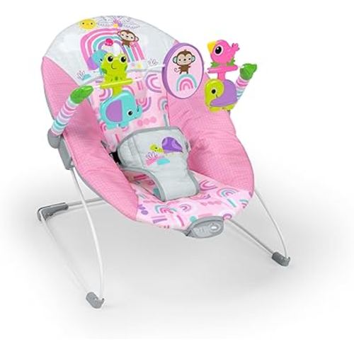 Bright Starts Pink Paradise Portable Baby Bouncer with Vibrating Infant Seat and -Toy Bar, Max Weight 20 lbs., Age 0-6 Months