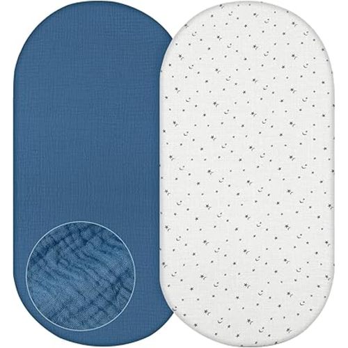 Basumee Baby Bassinet Sheets 2 Pack Muslin Bassinet Mattress Sheets for Boys Girls Soft Breathable Bedside Bassinet Fitted Sheet with Bottom Elastic Band 33''x17''x4'' Fit for Rectangle Oval Hourglass