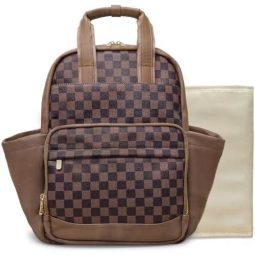 miss fong Small Diaper Bag - Baby Diaper Bag Backpack Checkered Diaper Bag with Changing Pad Baby Backpack for Travel Daycare Mommy Diaper Backpack Pañaleras Para Bebe for Mom & Dad -Coffee