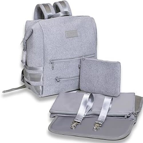 BUNSO Neoprene Diaper Bag Backpack, Water-resistant, Travel Baby Bag With Changing Pad, Stroller Straps, Wet Bag and Pouch (Gray)