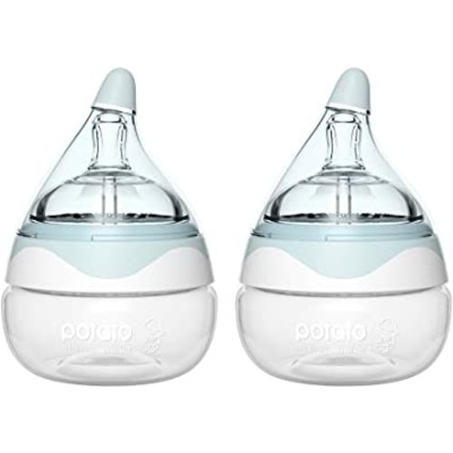 POTATO Glass Baby Bottles for Newborn Babies, Anti Colic Breastfeeding Bottle with Wide Neck, Slow Flow, 2pack, 2.5oz, Blue