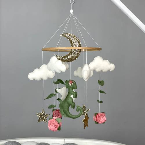 Dragon baby mobile girl Fantasy theme nursery Dragon crib mobile Flower mobile Felt dragon hanging mobile personalized