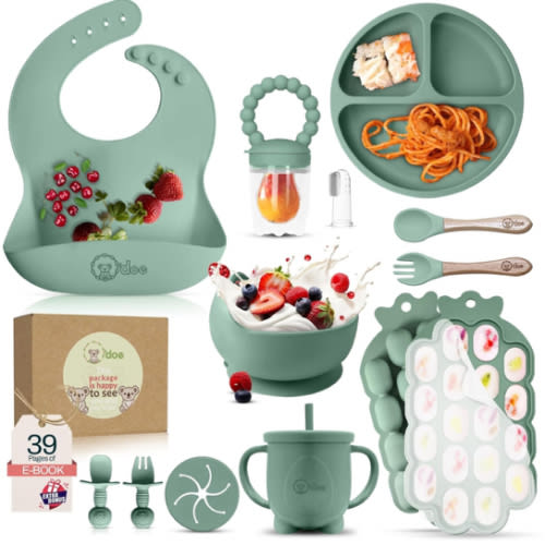O'doe Baby Weaning Set – 15 Pcs Silicone Baby Feeding Set with Suction Plate, Bowl, Bib, Sippy Cup, Fruit Feeder, Freezer Tray