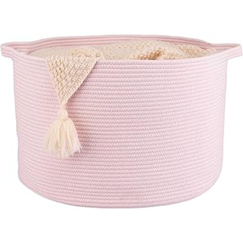 Large Cotton Rope Basket Blankets Basket Living Room 22"x14" Toy Basket for Kids and Dogs Rope Storage Basket for Nursery Woven Laundry Basket for Clothes Towels Baby Toy Storage Round pink