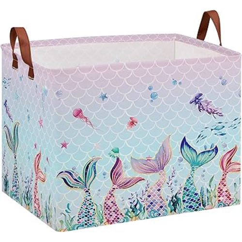 XHWZOF Mermaid Room Decor Laundry Basket for Girls - Ocean Theme Hamper, Freestanding Stackable Kids Storage Bin for Clothes, Toys, Books - Pink Organizer Box (Upgraded Metal Frames)