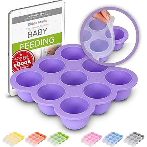 Kiddo Feedo Silicone Baby Food Storage - Freeze Baby Food, Breast Milk, Ice Cubes and More - Free E-Book by Award-Winning Author/Dietitian - Purple