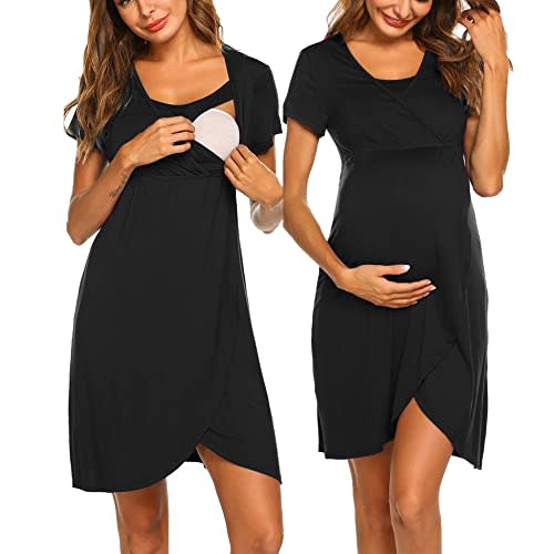 Ekouaer Nursing Nightgown 3 In 1 Maternity Nightgown Short Sleeve Nursing Gown Breasfeeding Sleepwear Delivery Dress