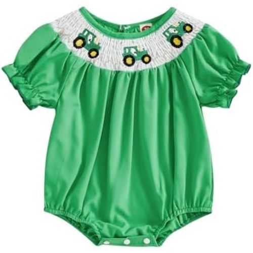 Baby Girl Summer Clothes Farm Tractor Embroidery Puff Sleeve Bubble Romper Newborn Spring Bodysuit Outfits