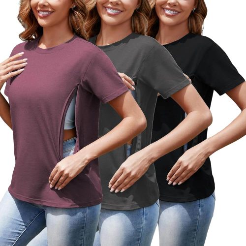 Women's 3-Pack Nursing Tops for Breastfeeding with Hidden Zippers Loose Fit Maternity Shirts