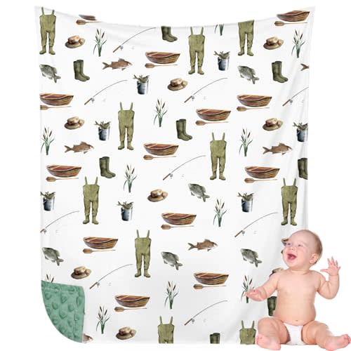 HunnmingRe Baby Blanket for Boys Fishing Blankets for Newborn Double Layer Toddler Registry Nursery Must Have, 30 x 40 Inch Soft Muslin Cotton Front Dotted Fleece Backing