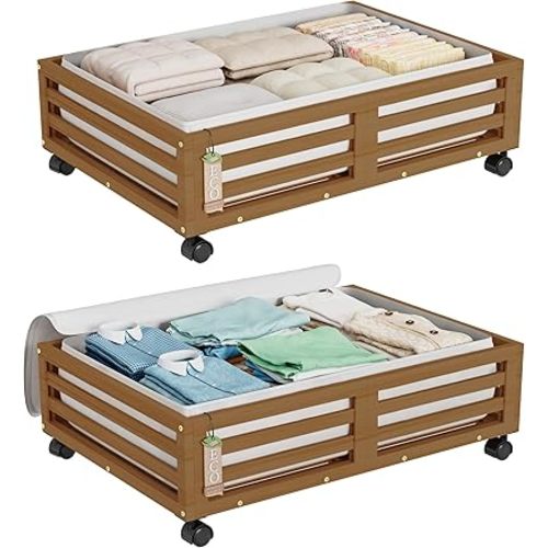 Bamboo Under Bed Storage Containers- Underbed Organizer with Wheels with Large Dust Bag,Sturdy Wood Rolling Under the Bed Shoe Storage Organizer Drawer 2 Packs (Walnut, Small)