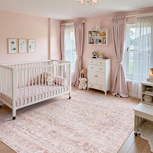 Lahome Boho Area Rugs 5x7,Pink Rugs for Bedroom Girls Floral Nursery Rug,Living Room Rugs Carpet Ultra-Thin Soft Washable, Kids Rugs for Playroom Baby Room Decor Dining Room (Pink, 5'X7')