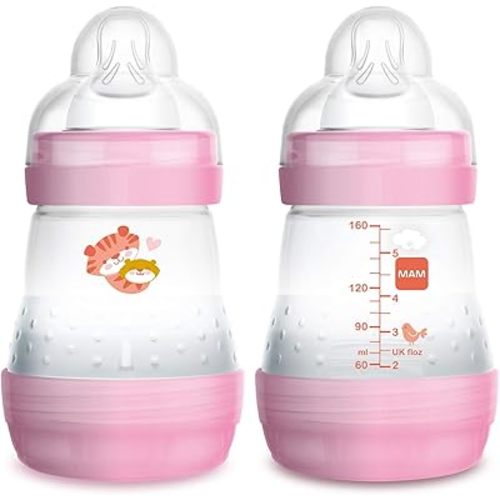 MAM Easy Start Anti Colic 5 oz Baby Bottle, Easy Switch Between Breast and Bottle, Reduces Air Bubbles, 2 Pack, Newborn, Girl