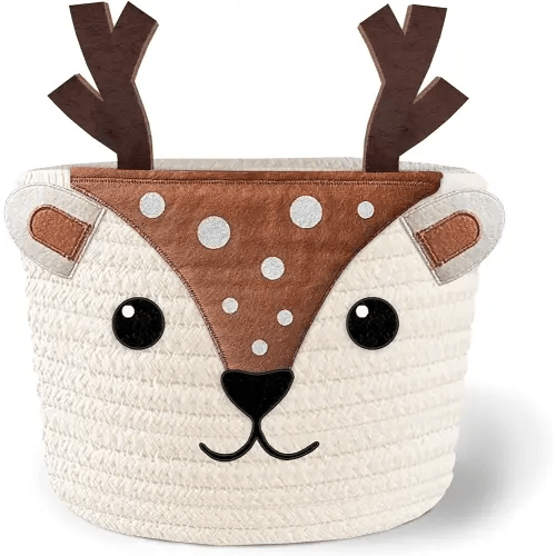 Cute Deer 100% Cotton Rope Baby Nursery Basket for Boys & Girls, Woodland Nursery Decor, Nursery Storage Basket for Essentials like Diapers, Wipes, Towels, Perfect for Baby Shower Gifts, Machine Wash