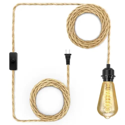 Plug in Pendant Light Cord, Farmhouse Hanging Lights with Plug in Cord, 15FT Hemp Rope Plugin Hanging Light Cord Kit with On/Off Switch, E26 E27 LightSocketCord