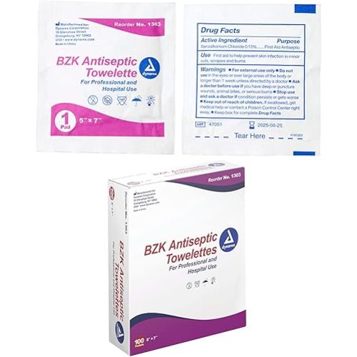 Dynarex BZK Antiseptic Towelettes, Moist Sanitizing Towelettes Designed to Help Clean Minor Wounds, 5" x 7", Disposable & Individually Wrapped, 1 Box of 100