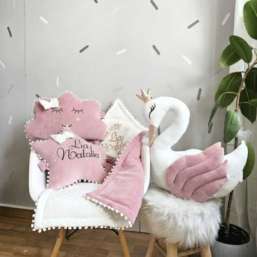 Personalized pillow set gift - princess pillow swan, pillow cloud blush, optional crib baby blanket with embroidered name, other pillows