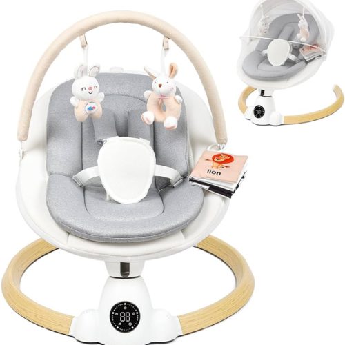 Baby Swing for Infants, Portable Electric Baby Swings with Bluetooth, 5 Swing Speed, 10 Lullabies, 5-Point Harness, Remote Control & Touch Panel - Infant Swing for Indoor & Outdoor Use, Wood Grain