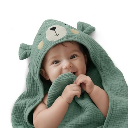Blissful Diary Muslin Baby Hooded Towel, Soft and Absorbent Bath Towel for Newborn, Infant, Toddler, Unisex, 32″x32″ - Smart Bear
