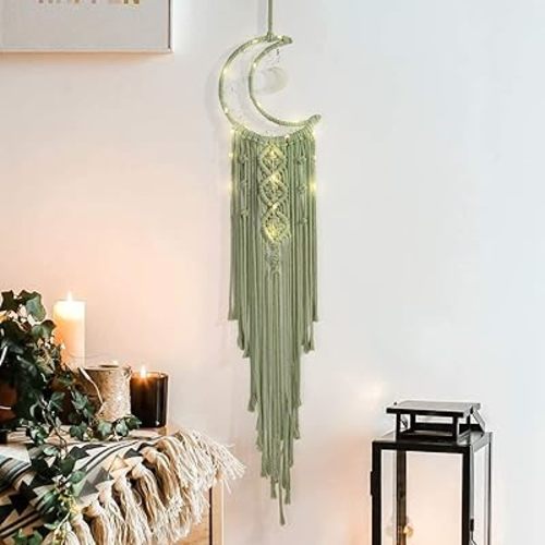 Boho Macrame Woven Wall Hanging, Crochet Crescent Moon Star Dream Catcher with Long Tassel- Green Cotton Handmade Bohemian Home Decor Nursery Decoration Art for Kids Bedroom Dorm Room