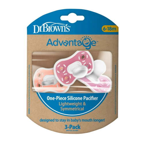 Dr. Brown's Advantage One-Piece Silicone Baby Pacifier, Fully Symmetrical Soother, Coral/Light Pink/Pink, 6-18m, BPA Free, 3-Pack