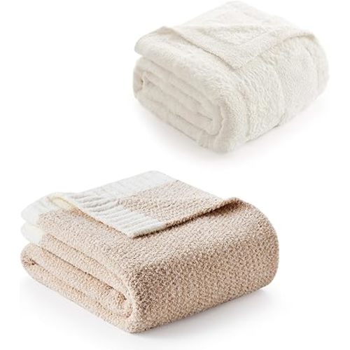 Snuggle Sac Heather Beige Throw Blankets Luxurious Microfiber Fabric 50x60 inches and Checkered Throw Blanket Faux Fur Microfiber Blankets for Couch 50x60 inches