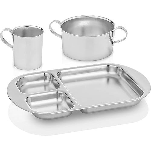 Children's Premium Stainless Steel Dinnerware Set | 1 Bowl with Handles, 1 Cup with Handle & 1 Divided Plate | Education Series | Ideal for Babies, Toddlers & Kids | by Kiddobloom