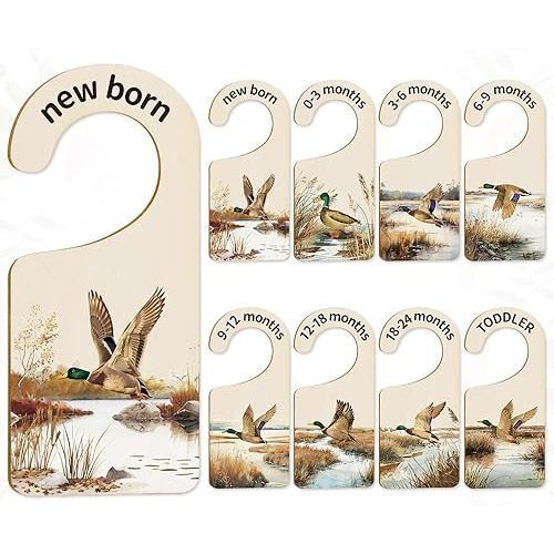 Whaline 8Pcs Baby Closet Size Dividers Watercolor Mallard Duck Hanging Wood Baby Closet Organizer Newborn to 24 Months Thicken Baby Wardrobe Organizer