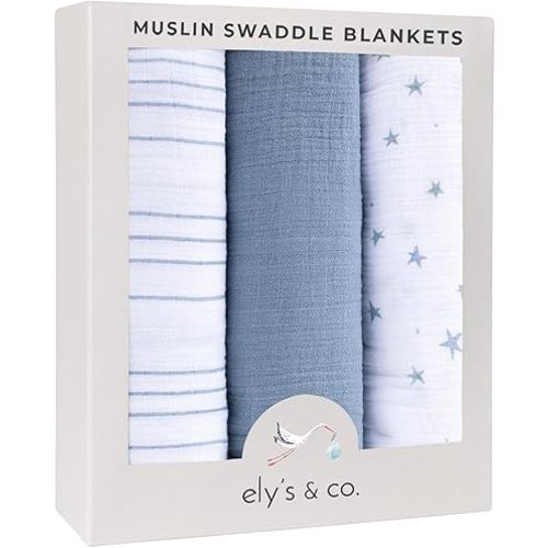 Ely's & Co. Muslin Swaddle Blanket 3-Pack for Baby Boy— 100% Cotton Muslin Extra-Large Swaddle Blankets (47”x 47”) — (Misty Blue Stars│Solid│Stripes)