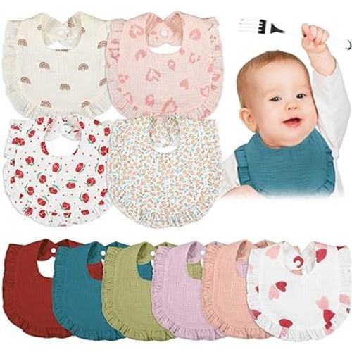 Seematn 10 Pcs Baby Muslin Bibs Drool Bibs Bandana Ruffle Soft Cotton for Newborn Baby Infants Girl Teething Toddlers Boy(Pastel Colors)