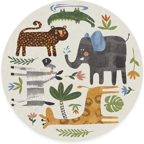 RUGGABLE Washable 6 ft Round Rug, Animal Safari Multicolor, Premium Rugs for Kids Area, Living Room, Bedroom, Kitchen, and Office with Gripper Non Slip Pad