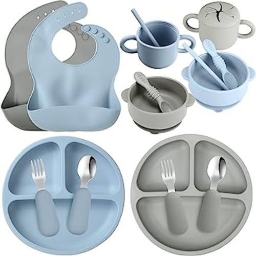 16 Pcs Baby Led Weaning Supplies Silicone Baby Feeding Set Baby Plates with Suction Baby Utensils with Divided Adjustable Bib Bowl Cutlery Snack Cup Spoons Straw 6 Months+ (Blue, Smoky Gray)