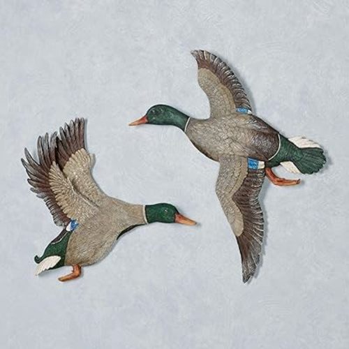 Magnificent Mallard Duck Wall Art Multi Warm Set of Two - Made of Resin - Flying Birds Decor - Ducks Artwork - Sculptures for Bedroom, Bathroom, Kitchen, Living Room, Hallway