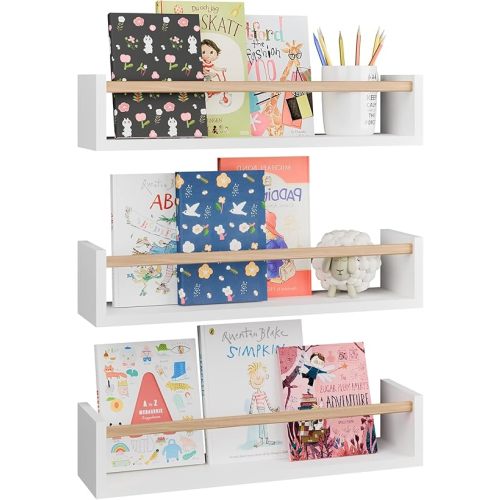 Fixwal Nursery Bookshelves, 16.5 Inch Floating Shelves for Wall Set of 3, Kids Bookshelf for Bedroom, Baby Nursery Decor (White and Natural) - White and Natural Wood - 16.5in