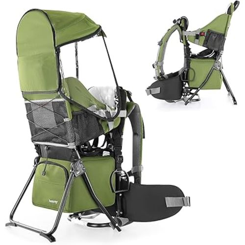 besrey Baby Backpack Carrier, Toddler Hiking Backpack with Safety 3-Height Seat, Adjustable Straps&Waist Belt, Foldable Frame Lightweight Large Capacity Child Carrier for Hiking (Army Green)