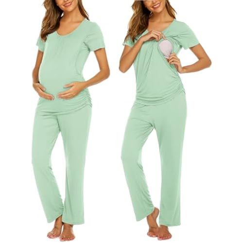 Ekouaer Women's Maternity Nursing Pajamas Set Breastfeeding Sleepwear Double Layer Short Sleeve Top & Pants Pregnancy PJS