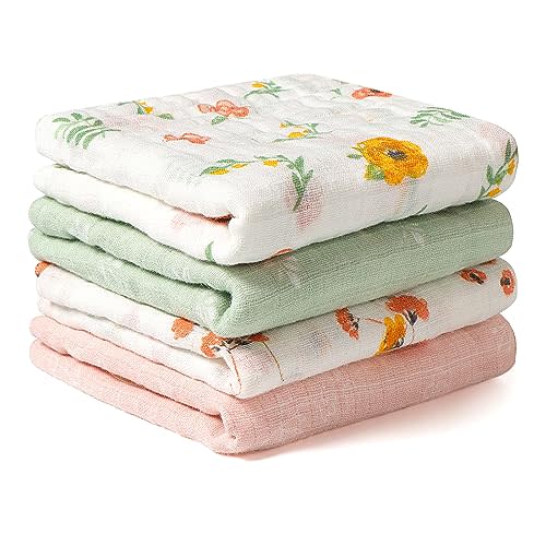 Viviland Baby Muslin Burp Cloths, 100% Cotton Super Absorbent Washcloths for Baby Girl and Boy, 10 x 20 inches 6-Layer Baby Bath Towels, Floral Pattern 4 Pack