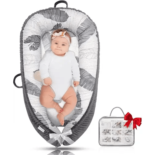 Baby Lounger - Baby Lounger for Newborn 0-24 Months, Ultra Newborn Babies Essentials Gifts, Baby Snuggle Nest Me Baby Lounger, Lightweight Infant Baby Lounger Cover (Grey Leaves)