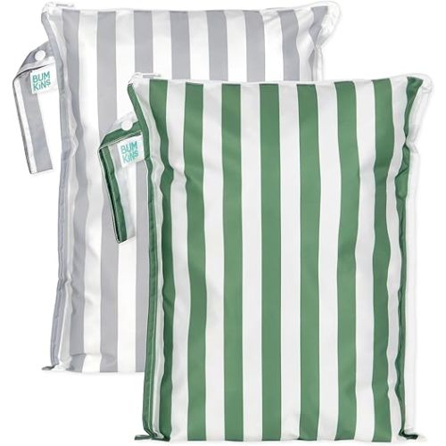Bumkins - Waterproof Wet Bag - For Baby, Travel, Swim Suit, Cloth Diapers, Pump Parts, Pool, Gym, Toiletry, Strap to Stroller - Reusable & Easy to Clean - 2pk - Gray & Green Stripe