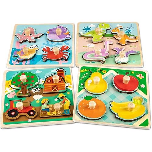 Wooden Toddler Puzzles, Funsland Peg Puzzles Gifts Toys, 4 Pcs Eco Friendly Animal Patterns Jigsaw with Handles, Infant Kid Fine Motor Skill Learning Educational Montessori Puzzles for 1 2 3 Years Old