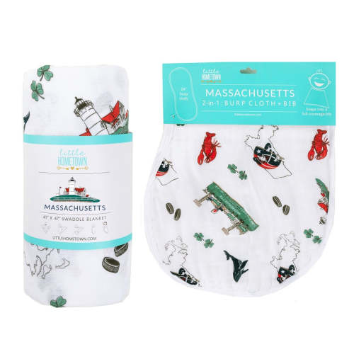 Gift Set: Massachusetts Baby Muslin Swaddle Blanket and Burp Cloth/Bib Combo Soft Breathable Bamboo Cotton