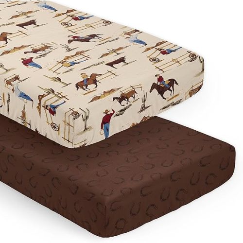 Sweet Jojo Designs 2-Piece Baby Crib Sheets Set (Western Cowboy) for Boys, Infant Nursery, Toddler Room - Standard Size (Wild West, Horseshoe, Country, Horse, Steer, Cow, Animal, Brown, Tan & Red)