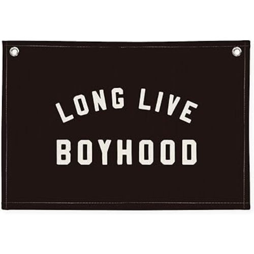 "Long Live Boyhood" Wall Banner 20x30 Inch - Boys Room Decor, Linen Canvas Wall Hanging for Toddler Playroom, Rustic Nursery Sign, Adventure Theme Kids Bedroom Banner - Black