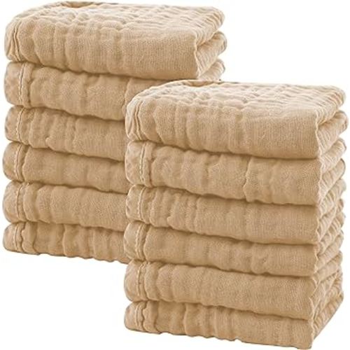 SWEET DOLPHIN 12 Pack Baby Muslin Washcloths - Soft Face Cloths for Newborn, Absorbent Bath Wash Cloths, Wipes, Burp Rag - Toddlers Essentials Stuff, Baby Registry as Shower -10"x10", Brown